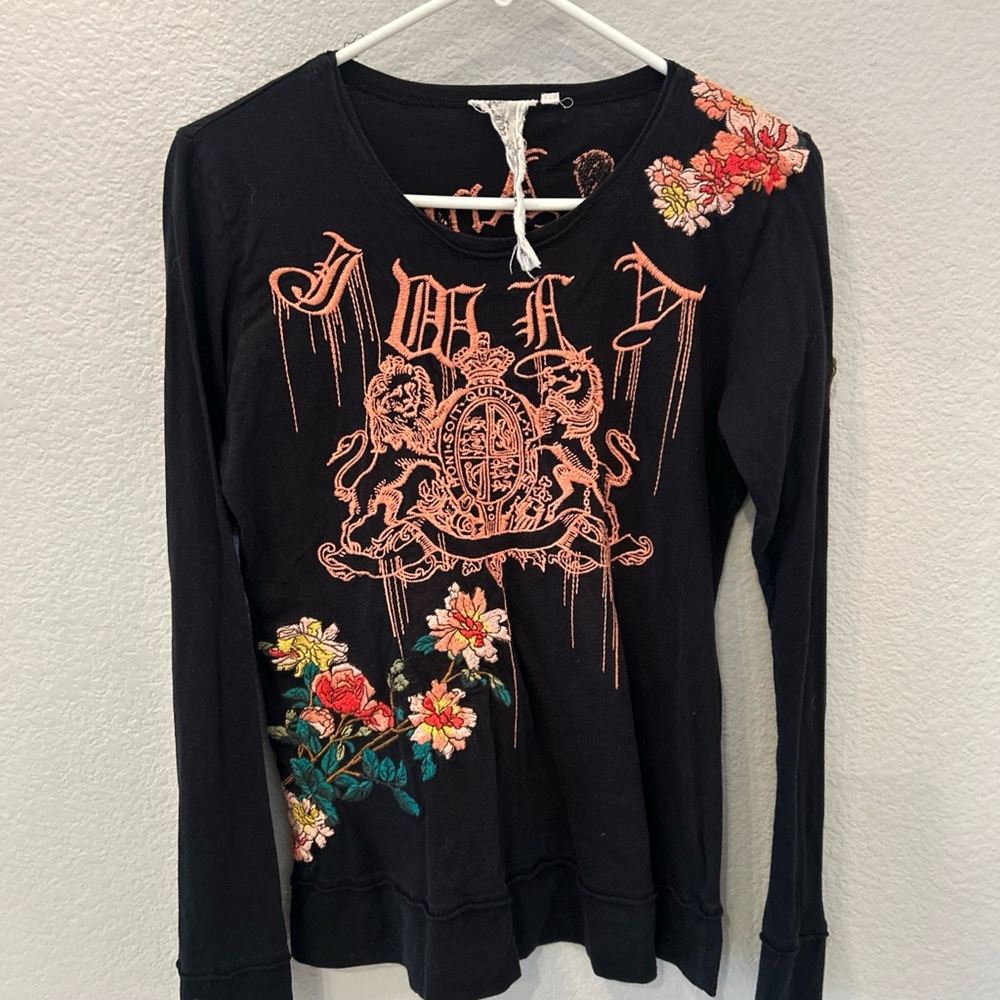 Johnny Was LA Black Long Sleeve Embroidered Shirt Top Floral Logo Amour Heart M - Picture 2 of 14